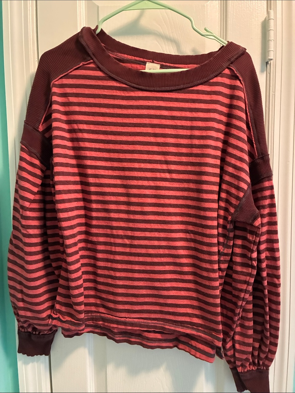 Free People Striped Raglan Scoop Pullover - Rose and Chocolate